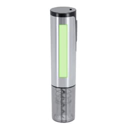 A silver electric corkscrew with a clear base and a green panel, featuring a spiral corkscrew design.