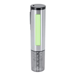 A silver electric corkscrew with a transparent base and a black top, featuring a logo on the side.
