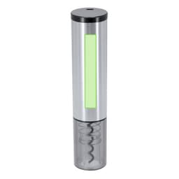 A silver electric corkscrew with a transparent bottom and a green accent on the body. It features a logo.
