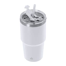 A drink bottle in white with a stainless steel base, featuring a lid and straw, displaying a logo.