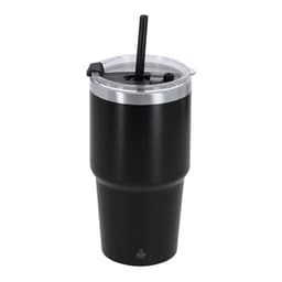 A drink bottle in matte black with a clear lid and straw, featuring a logo. Suitable for travel and outdoor use.