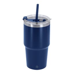 A drink bottle with a navy blue exterior, stainless steel rim, and a clear lid featuring a straw. It has a logo.