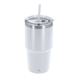 A drink bottle featuring a white insulated design with a stainless steel lid and a straw. It includes a logo.