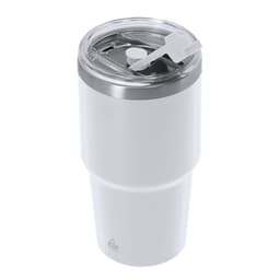 An insulated white travel mug with a clear lid and a straw opening, featuring a logo on the base.