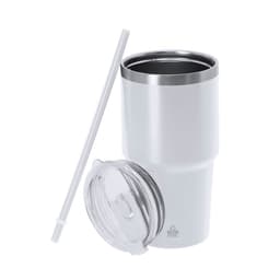 A drink bottle with a stainless steel body, featuring a clear lid and a white exterior, accompanied by a reusable straw.