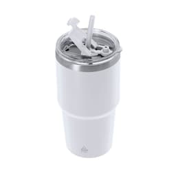 A white insulated travel mug with a clear lid and flexible straw. It features a logo on the base.