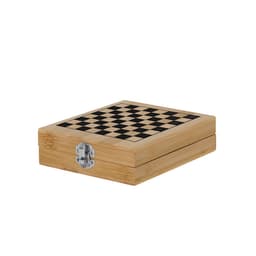 A wooden chess set with a black and natural checkerboard design, featuring a secure metal latch.