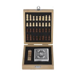 A wooden gift set featuring a chessboard with pieces in cream and brown, and a deck of playing cards with dice.