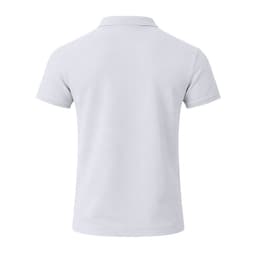 A light grey polo shirt with a classic collar, featuring a logo on the fabric. The shirt has short sleeves and a plain back.