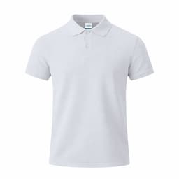 A plain white polo shirt with a classic collar and three buttons, featuring a small logo on the label.