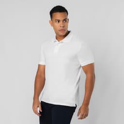 A white polo shirt displayed on a model, featuring a collar and short sleeves, with a logo on the chest.