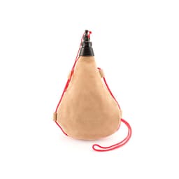 A drink bottle in a tan suede finish, featuring a black nozzle and red cord for easy carrying.