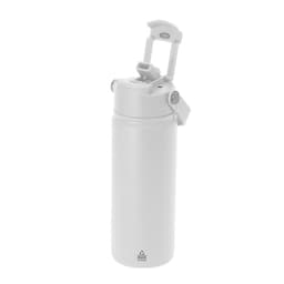 A drink bottle in white with a flip-top lid and a logo. Ideal for keeping beverages insulated.