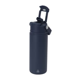 A drink bottle in navy blue with a flip-top lid and a built-in carry handle, featuring a branding logo.