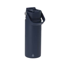 A drink bottle with a dark navy blue exterior, featuring a side handle and a secure lid. It has a logo on it.