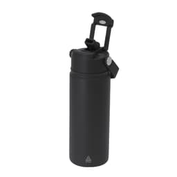 A drink bottle in matte black finish with a flip-top lid and a logo. Ideal for keeping beverages insulated.