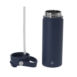 A drink bottle in navy blue with a stainless steel interior and a removable lid featuring a straw.