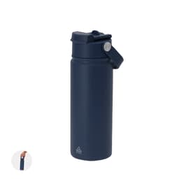 A drink bottle in navy blue with a secure lid and carrying handle, featuring a logo. Ideal for keeping beverages insulated.