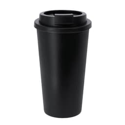 A black insulated travel mug with a lid, featuring a sleek and modern design.