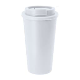 A drink bottle in white, featuring a lid and a logo, designed for insulated travel use.