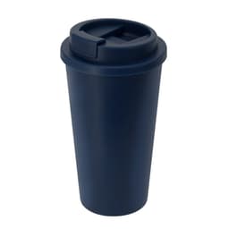A drink bottle in navy blue with a secure lid and a logo on the side, designed for insulation.