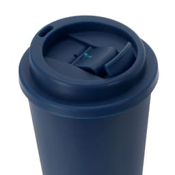 A drink bottle in navy blue featuring a lid with a spout and a logo.