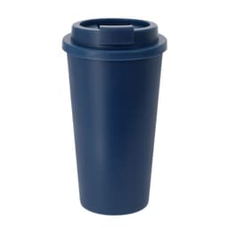 A drink bottle featuring a navy blue insulated cup with a lid and a logo.