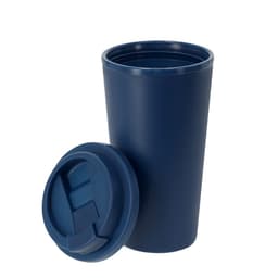 A drink bottle in navy blue with a removable lid, designed as an insulated travel mug. It features a logo.