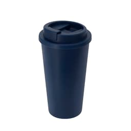 A drink bottle featuring a navy blue insulated cup with a fitted lid and a logo. Ideal for travel.