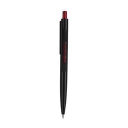 A metal pen in black with a red click top and a clip, featuring a logo on its body.