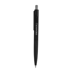 A black metal pen with a shiny silver tip and a logo on the barrel.