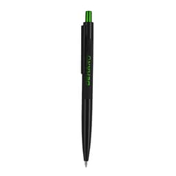 A black metal pen with a green clip and a branding logo on the barrel.