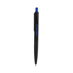 A metal pen in black with a blue tip and clip, featuring a logo on the barrel.