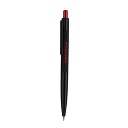 A black metal pen with a red clip and tip, featuring a logo.