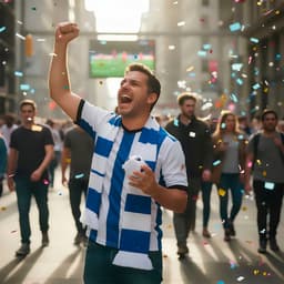 A man in a blue and white striped jersey celebrates in a crowded street, holding a small football and surrounded by confetti.