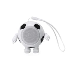 A white Bluetooth speaker designed like a soccer ball, featuring black panels and small arms and legs with a strap.