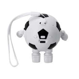 A white and black Bluetooth speaker designed like a soccer ball, featuring arms, legs, and a carrying strap.