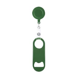 A drink bottle opener in a dark green colour, featuring a retractable reel and a circular attachment.