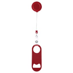 A drink bottle opener in red, featuring a retractable cord and a badge reel attachment.
