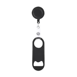 A drink bottle opener keyring in black with a retractable badge reel for easy access. It features a logo on the handle.
