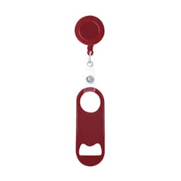 A drink bottle opener in red, featuring a retractable reel and a built-in keyring, has a logo on it.