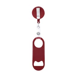 A drink bottle opener in burgundy with a clip for easy attachment, featuring a branding logo.
