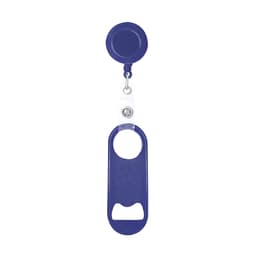 A drink bottle opener in navy blue, featuring a retractable reel and a badge holder attachment.