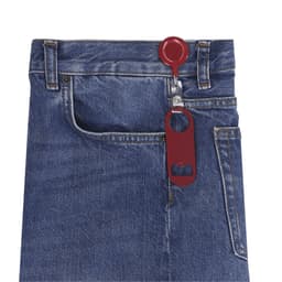 A drink bottle opener in burgundy attached to a pair of blue denim jeans, featuring a logo.