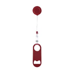 A drink bottle opener with a maroon finish, featuring a retractable cord and a metal attachment.
