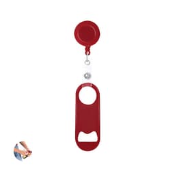 A red bottle opener keyring with a retractable cord and a circular attachment. It features a logo on the opener.