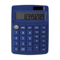 A blue calculator with a digital display and a range of buttons, including numbers and functions.