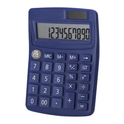 A blue calculator with a large display and a range of buttons, featuring a logo on the top.