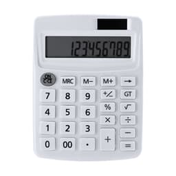 A white calculator featuring a digital display and a standard number keypad, complete with a logo.