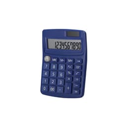 A blue calculator with a large digital display and numerous buttons for calculations. It features a logo on the body.